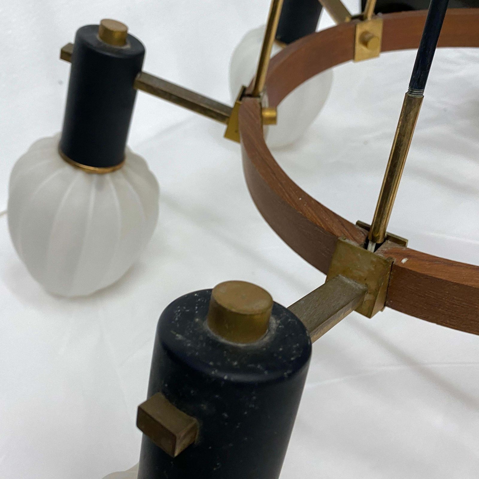 photo furniture 1960s Stilnovo Style Mid Century Modern Brass Teak And Glass Italian Chandelier