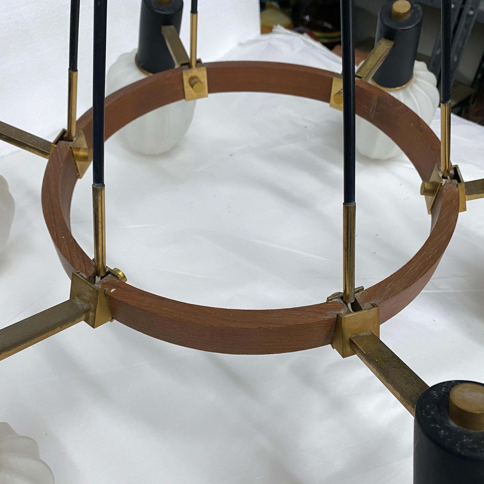 photo for sale 1960s Stilnovo Style Mid Century Modern Brass Teak And Glass Italian Chandelier