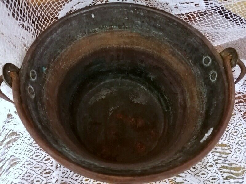 photo for sale Antique Rustic French Hammered Copper Flower Pot Log Fireplace Display
