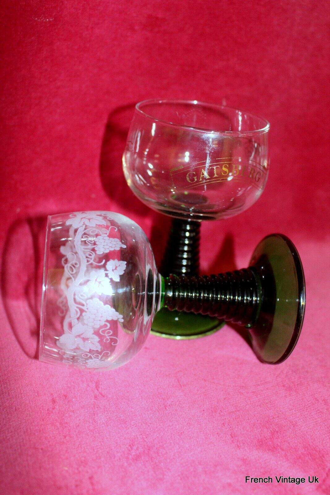 Vintage Set X 1 Dark Green Gatsberg + 1 Clear Glass White Grapes Pattern Wine photo for sale
