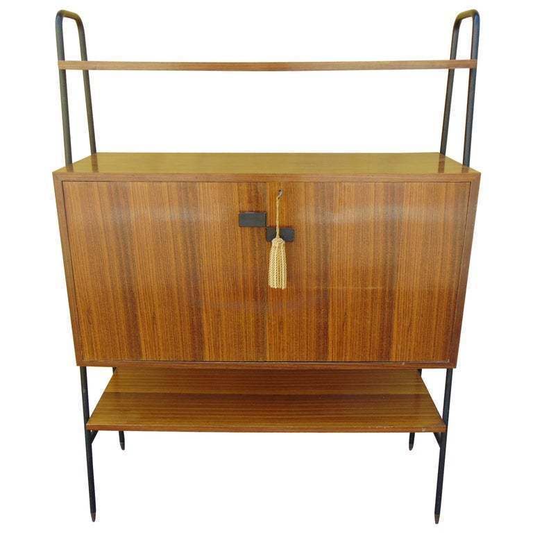Midcentury Wooden And Black Metal Italian Wall Unit, 1950s