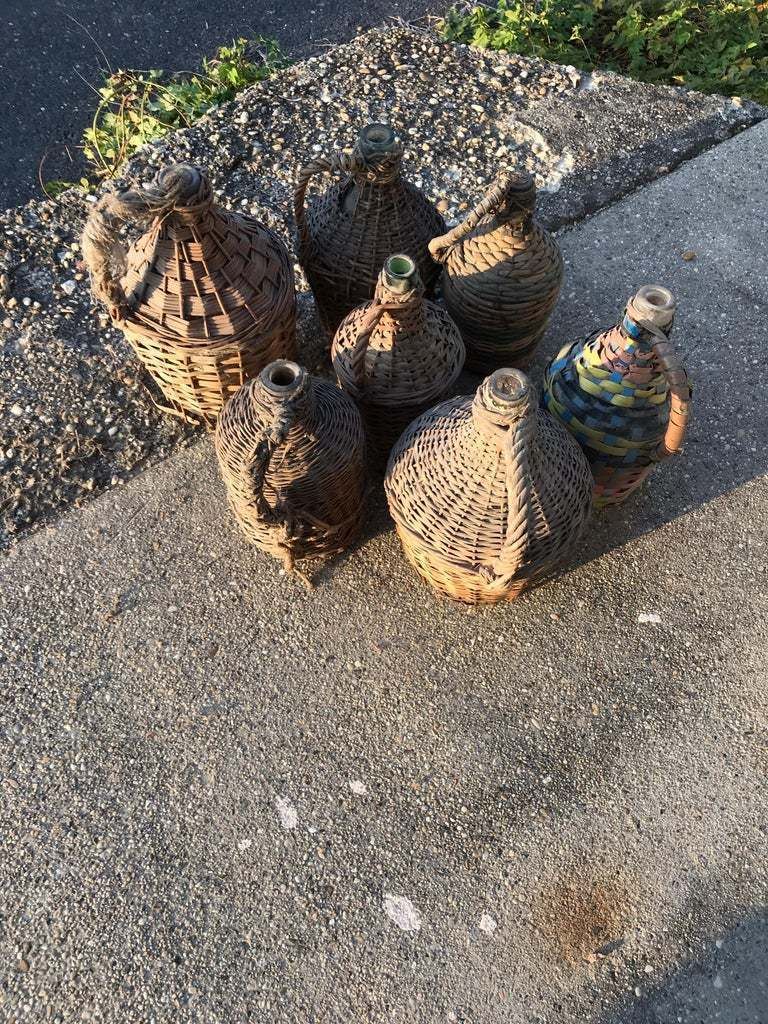 Set Of Seven Midcentury Vintner Woven Baskets With Demijohn Wine Bottles photo 840.0