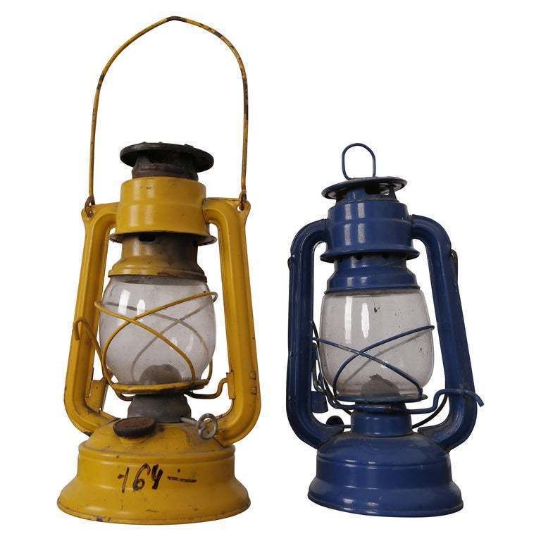 Yellow And Blue Oil Lamp ,Vintage Kerosene Lantern