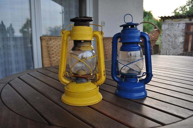 Yellow And Blue Oil Lamp ,Vintage Kerosene Lantern photo furniture