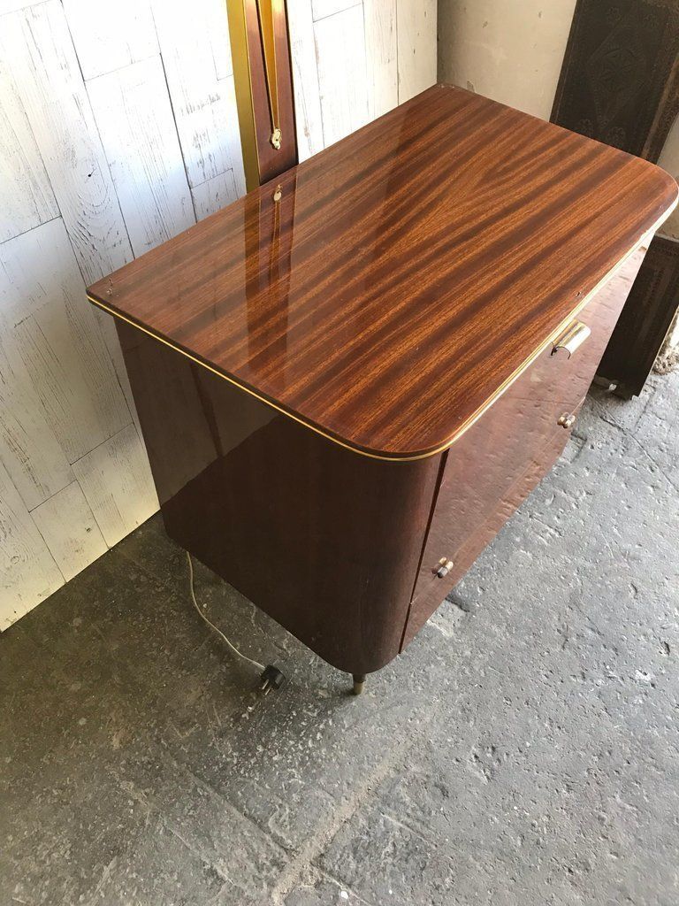 Art Deco 1950s Walnut Drinks Bar Cocktail Liquor Cabinet With Lamp Stand photo vinterior