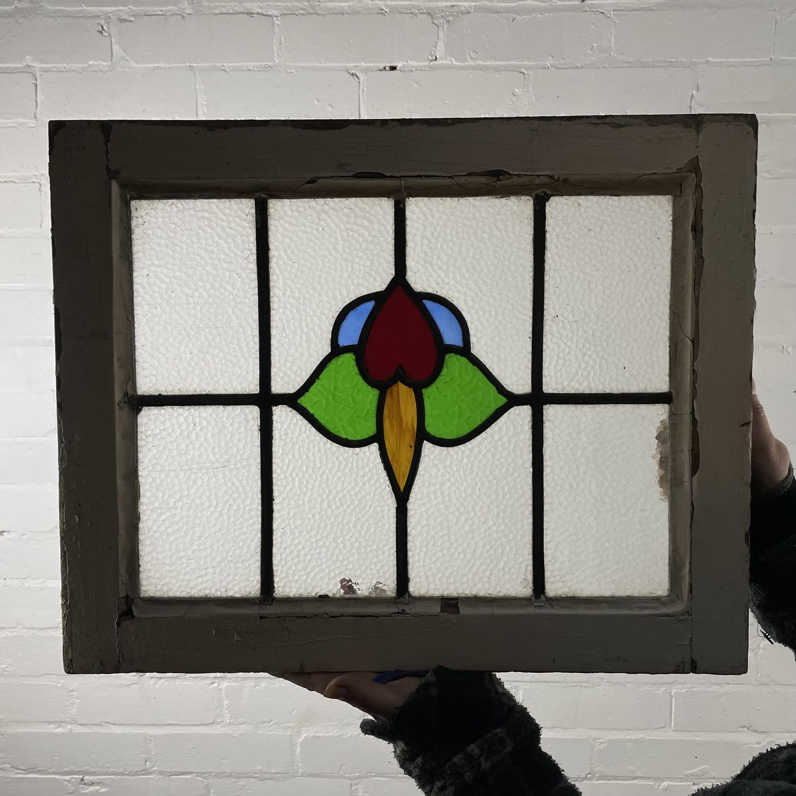 Pair Of Reclaimed Stained Glass Leaded Lights Windows In Frames photo for sale