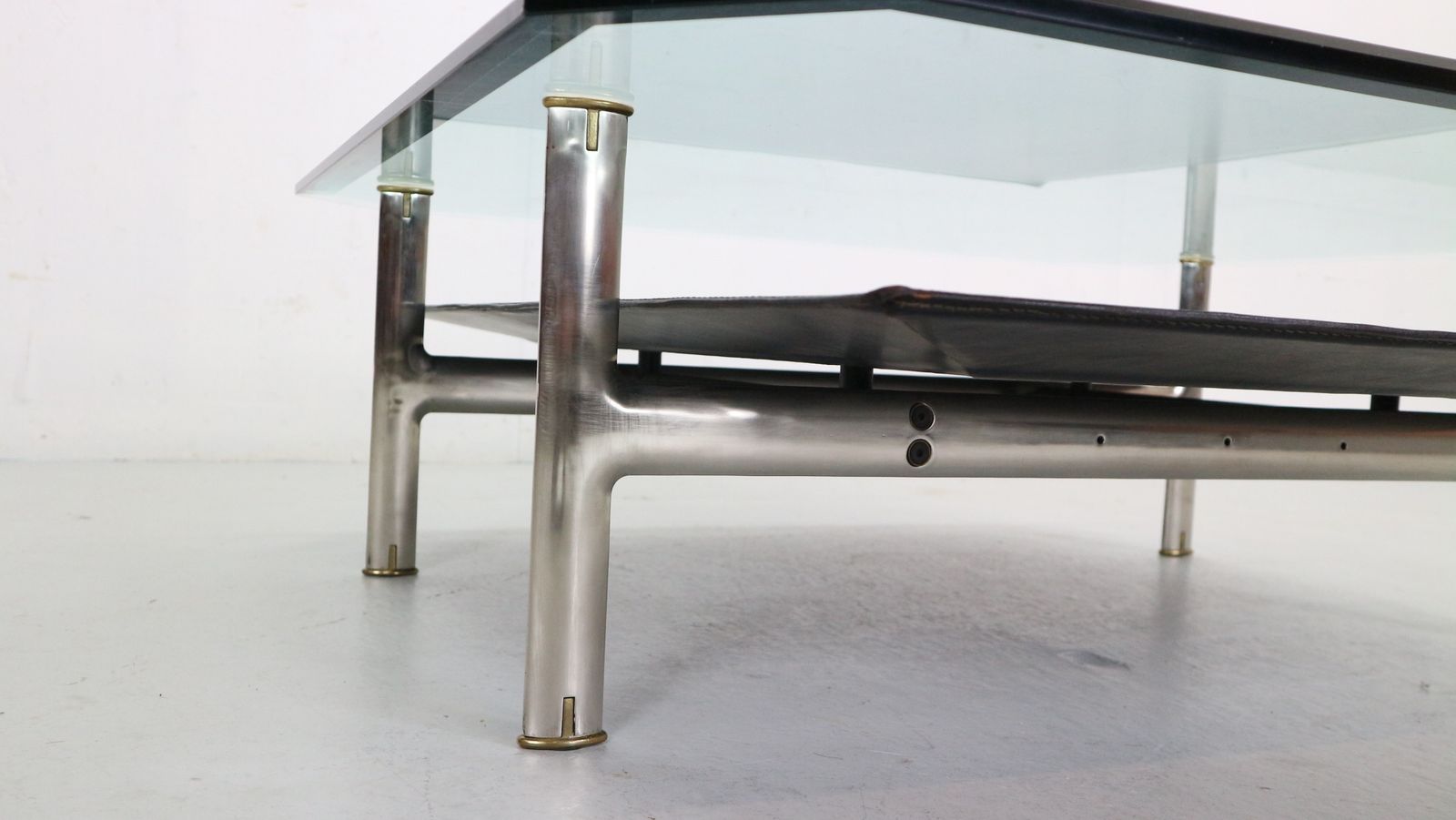 photo for sale B&B Italia 'Diesis' Two Tier Glass And Leather Coffee Table By Antonio Citterio