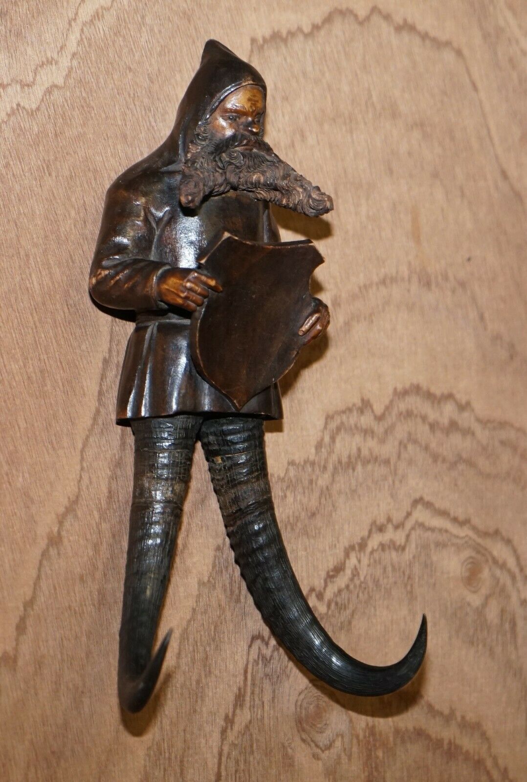 Antique Circa 1880 Pair Of Super Rare Black Forest Hand Carved Dwarf Whip Hooks photo for sale