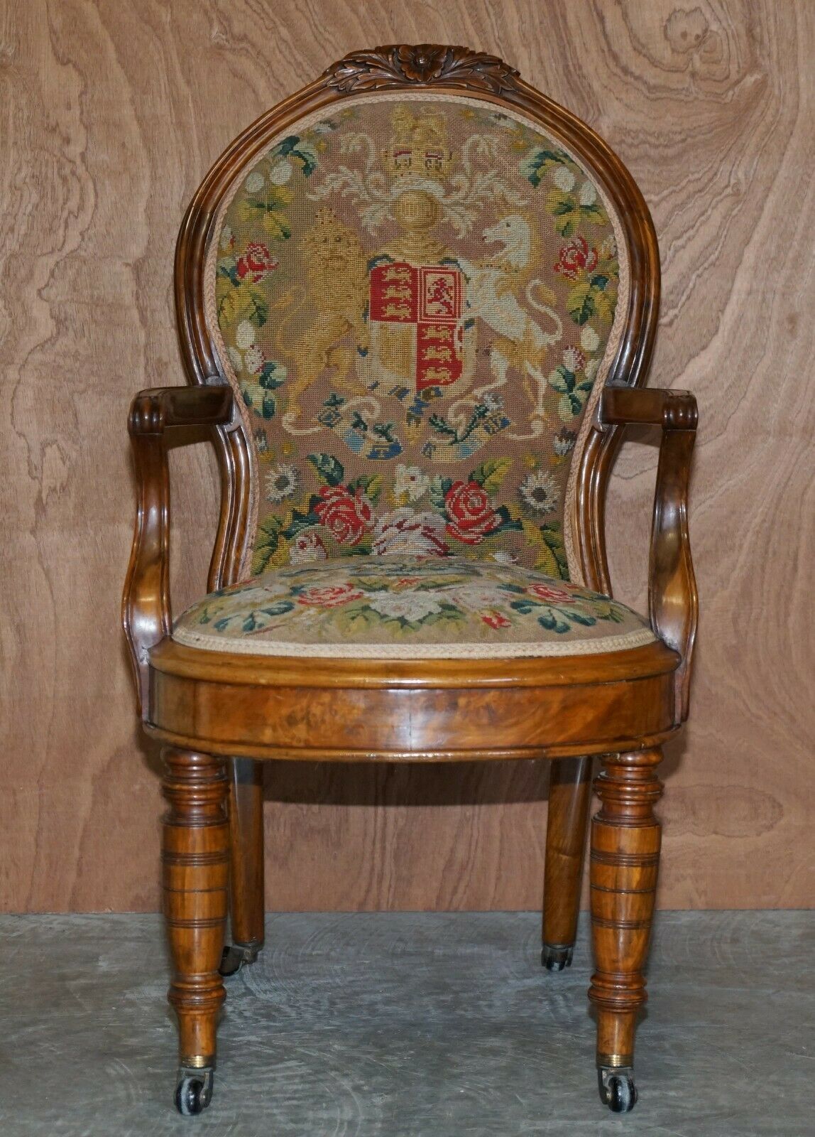 Antique Circa 1860 Victorian Burr Walnut Armchair Royal Coat Of Arms Armorial photo furniture