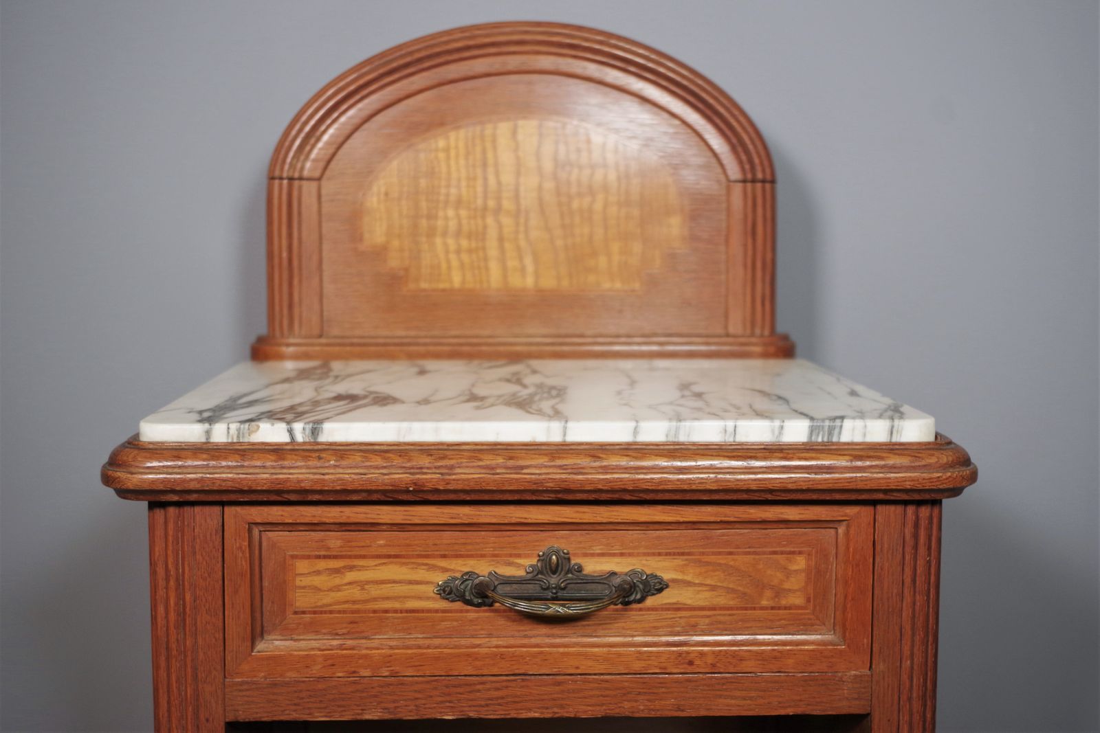 Bedside Table Of The 40s / 50s In Cherry And Beech Wood, With Marble Top And Two Brass Handles. photo buy
