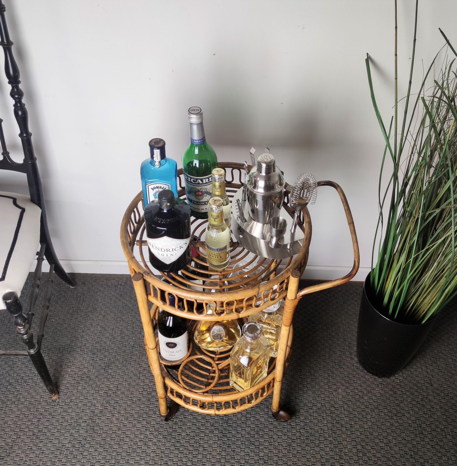 1960s Italian Bamboo Rattan Bohemian French Riviera Round Serving Bar Cart photo buy