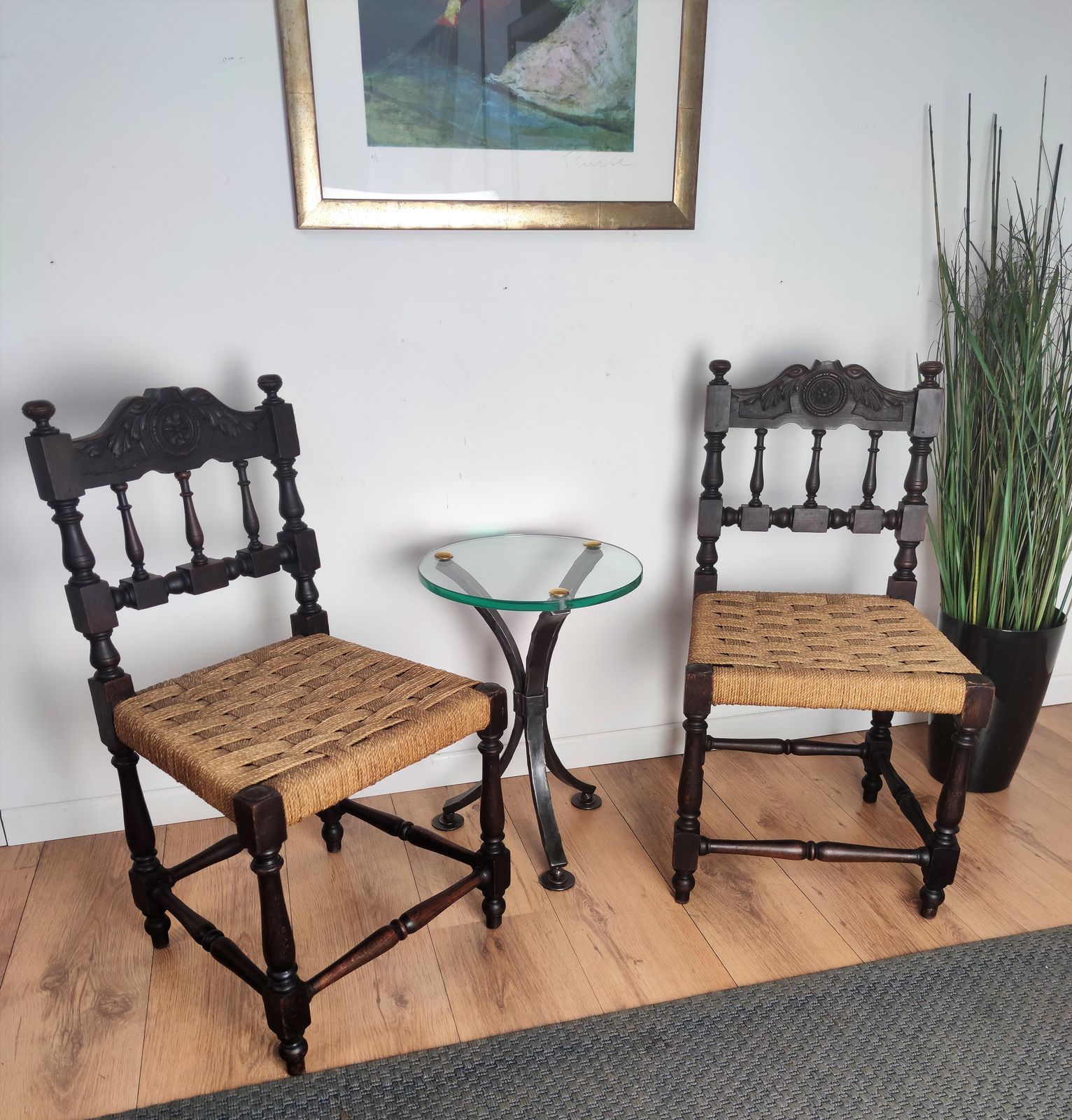 Pair Of 1960s Italian Midcentury Carved Wood And Cord Woven Rope Chairs Stools photo furniture