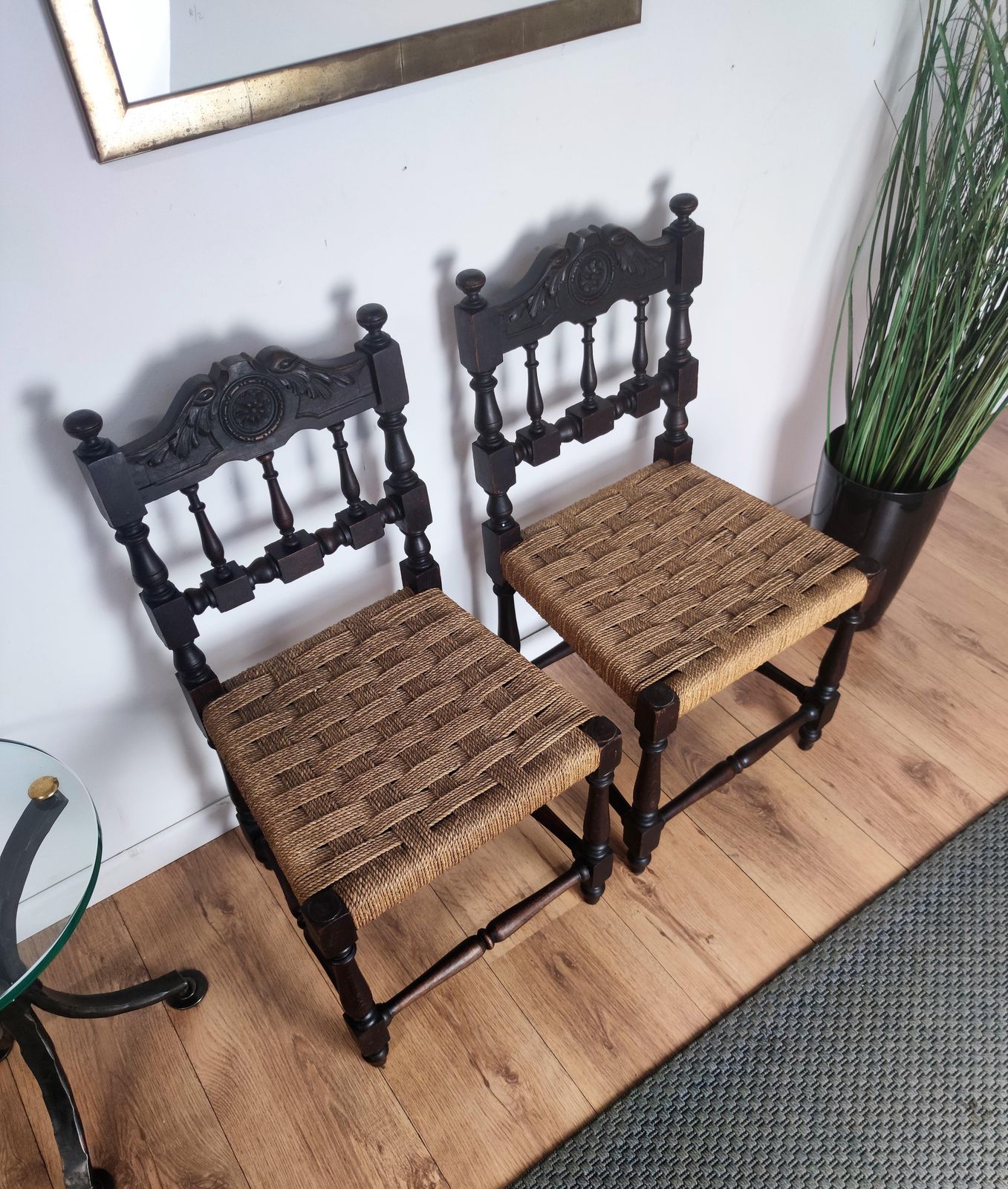 Pair Of 1960s Italian Midcentury Carved Wood And Cord Woven Rope Chairs Stools photo vinterior