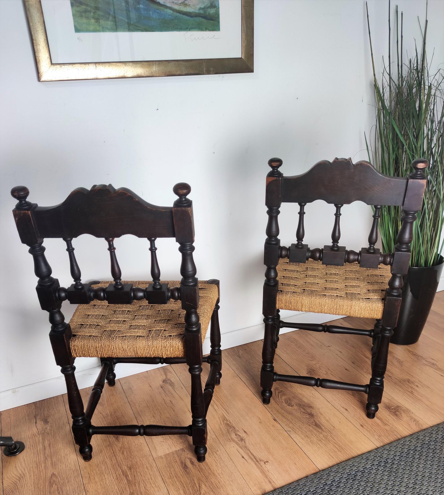 Pair Of 1960s Italian Midcentury Carved Wood And Cord Woven Rope Chairs Stools photo vintage