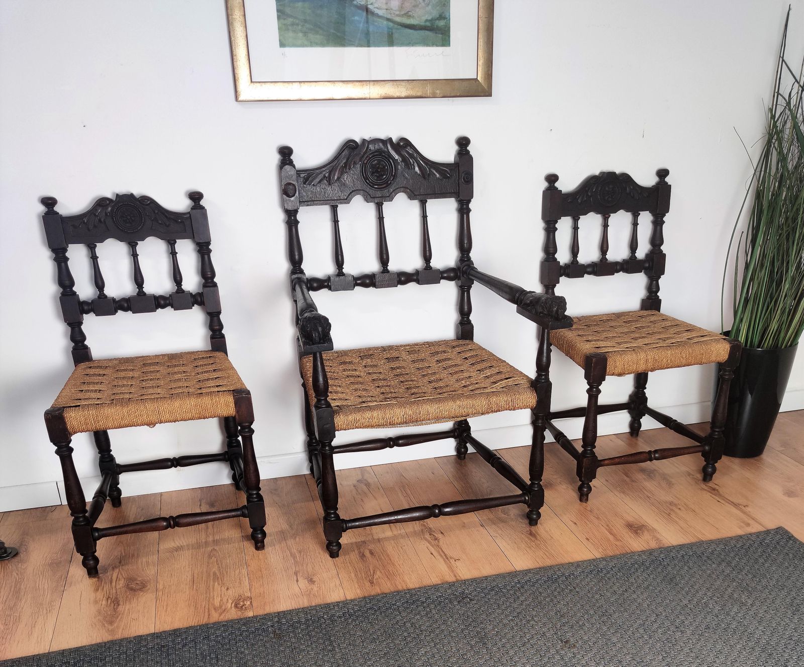 photo furniture Pair Of 1960s Italian Midcentury Carved Wood And Cord Woven Rope Chairs Stools