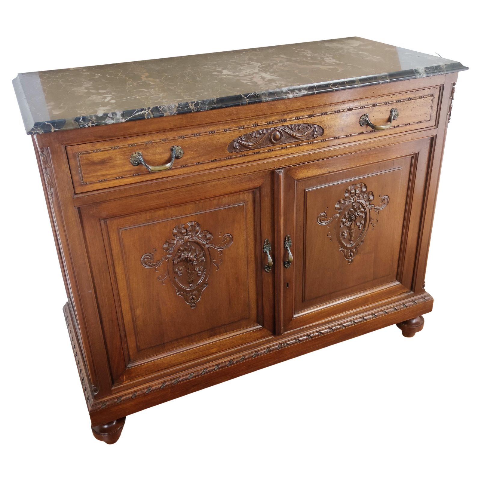 Antique Italian Walnut Brass And Marble Top Chest Of Drawers Commode Credenza