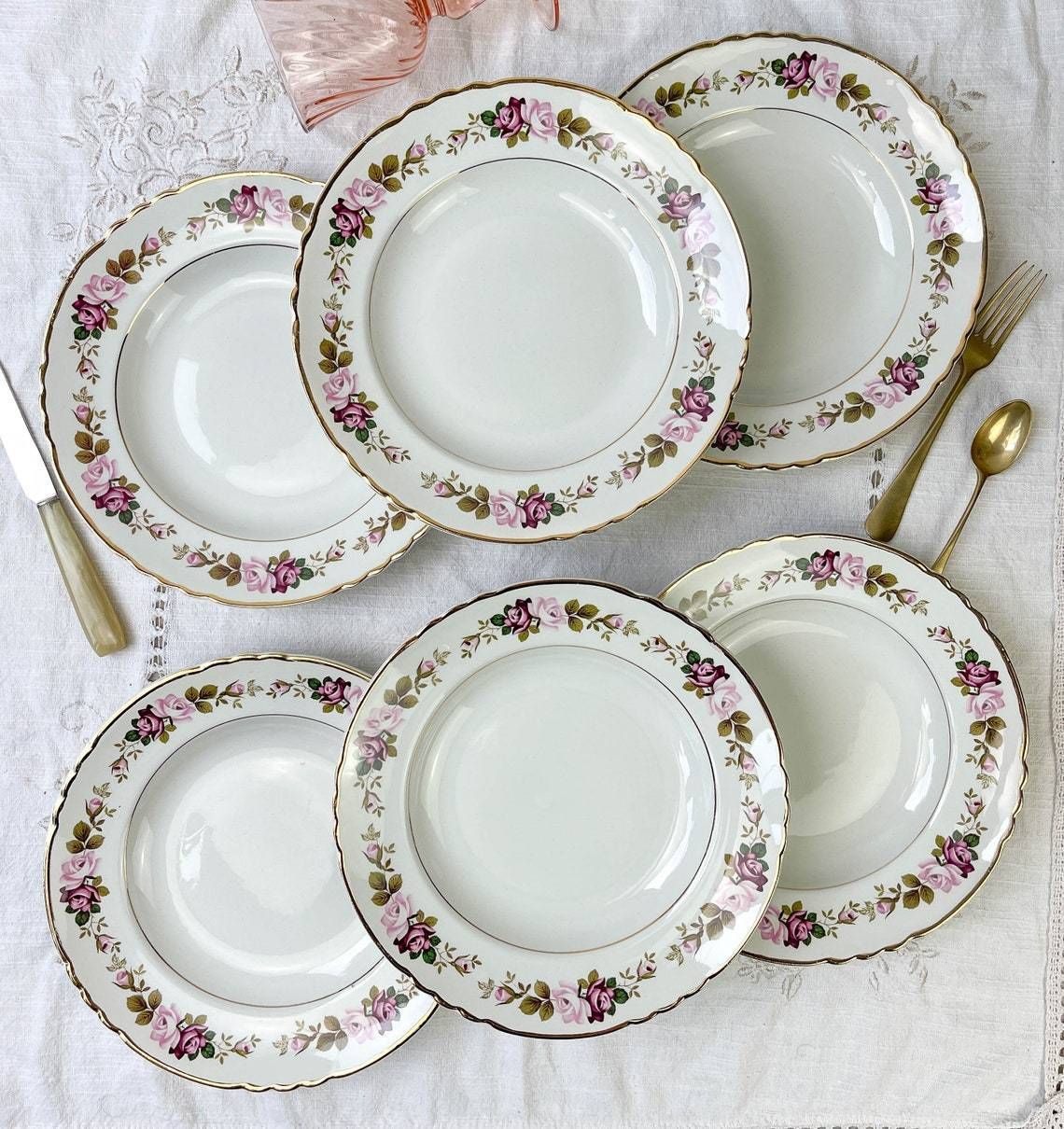 6 Soup Plates In Flowered Earthenware Moulin Des Loups Model "Amboise" Vintage ~ Plates Pink Flowers ~ French Vintage Tableware Flower
