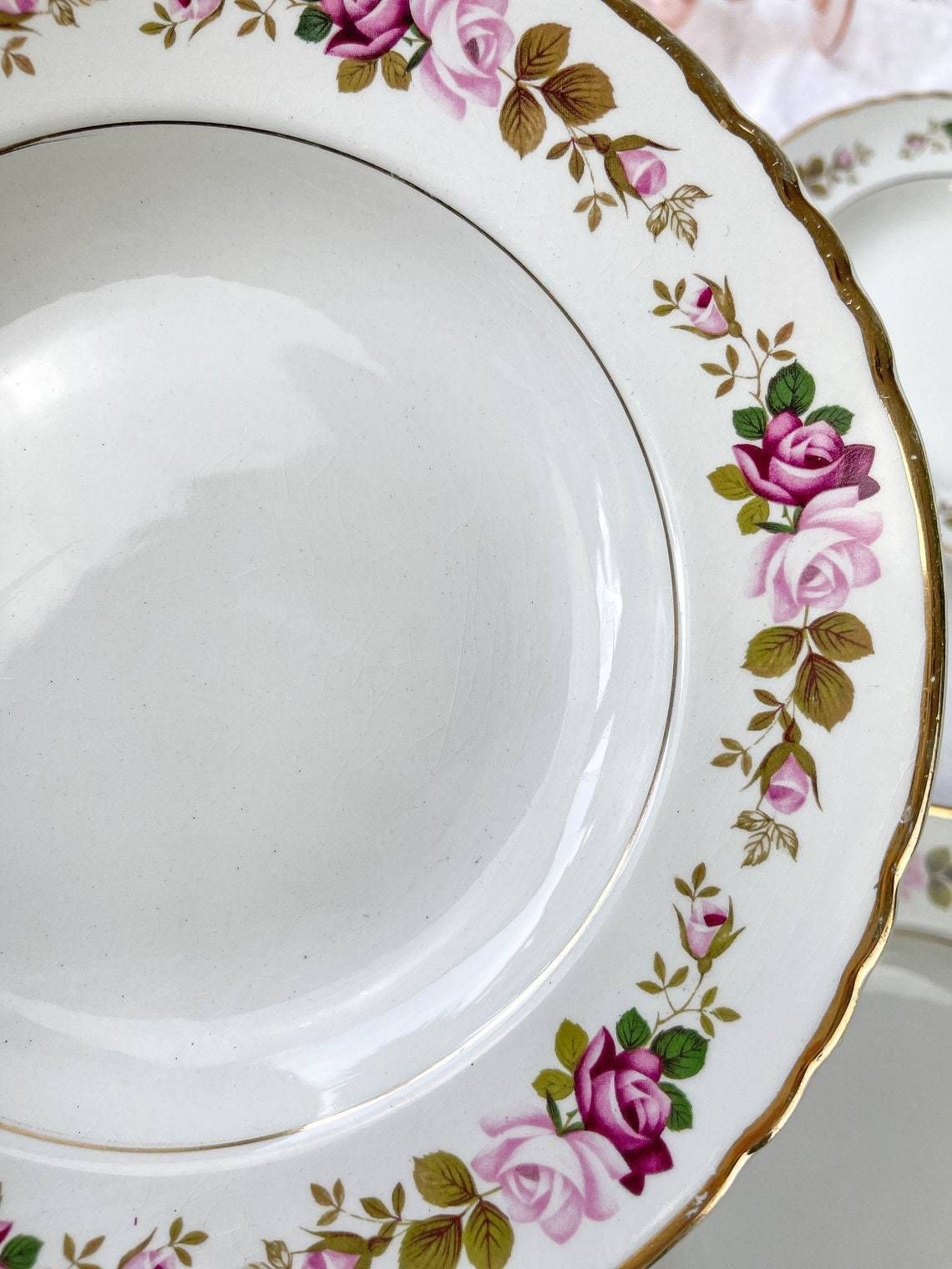 photo for sale 6 Soup Plates In Flowered Earthenware Moulin Des Loups Model "Amboise" Vintage ~ Plates Pink Flowers ~ French Vintage Tableware Flower