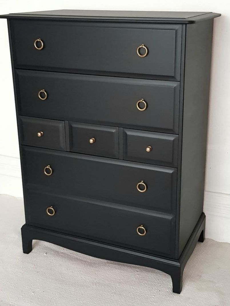 Stag Minstrel Painted Bedroom Set, Black Bedside Cabinets, Black Tallboy, Lowboy And & Chest Of Drawers. photo for sale