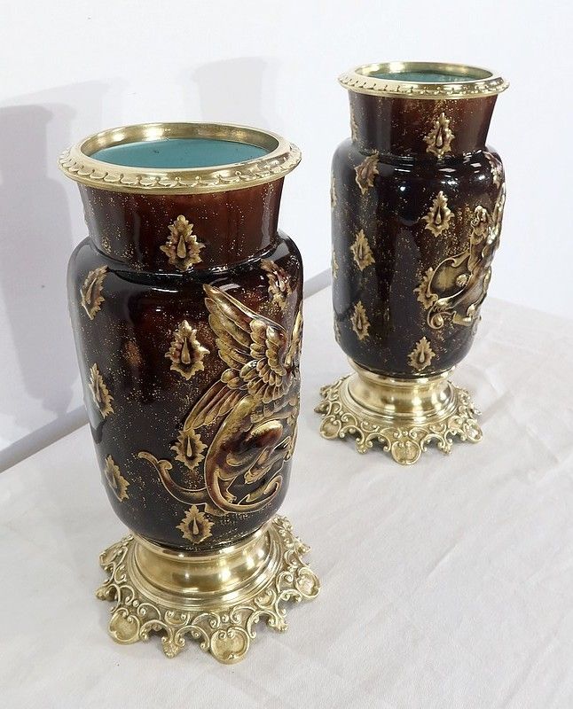 Pair Of Earthenware And Bronze Vases, By E. Gilles   2nd Half Of The 19th Century photo furniture