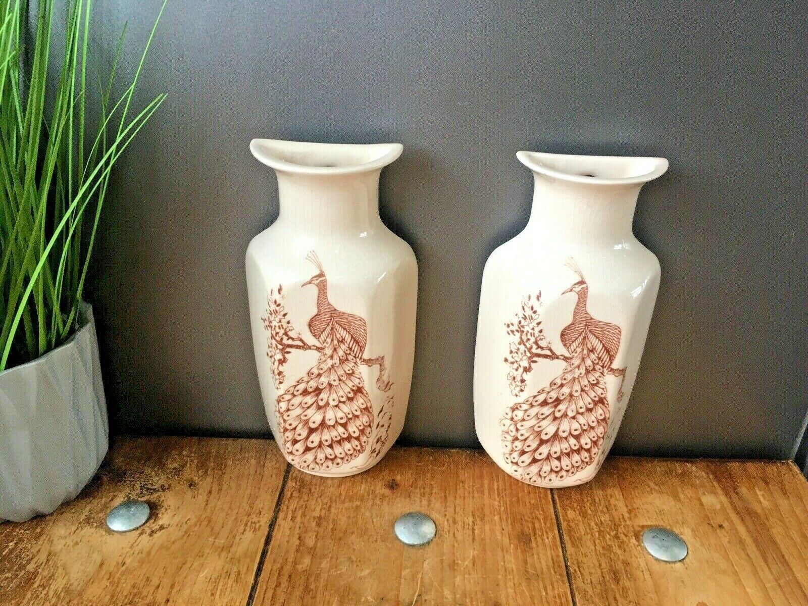 Pair Of Kingston Pottery Peacock Wall Plaque Pocket Vase Urns Aesthetic Movement photo 50.0