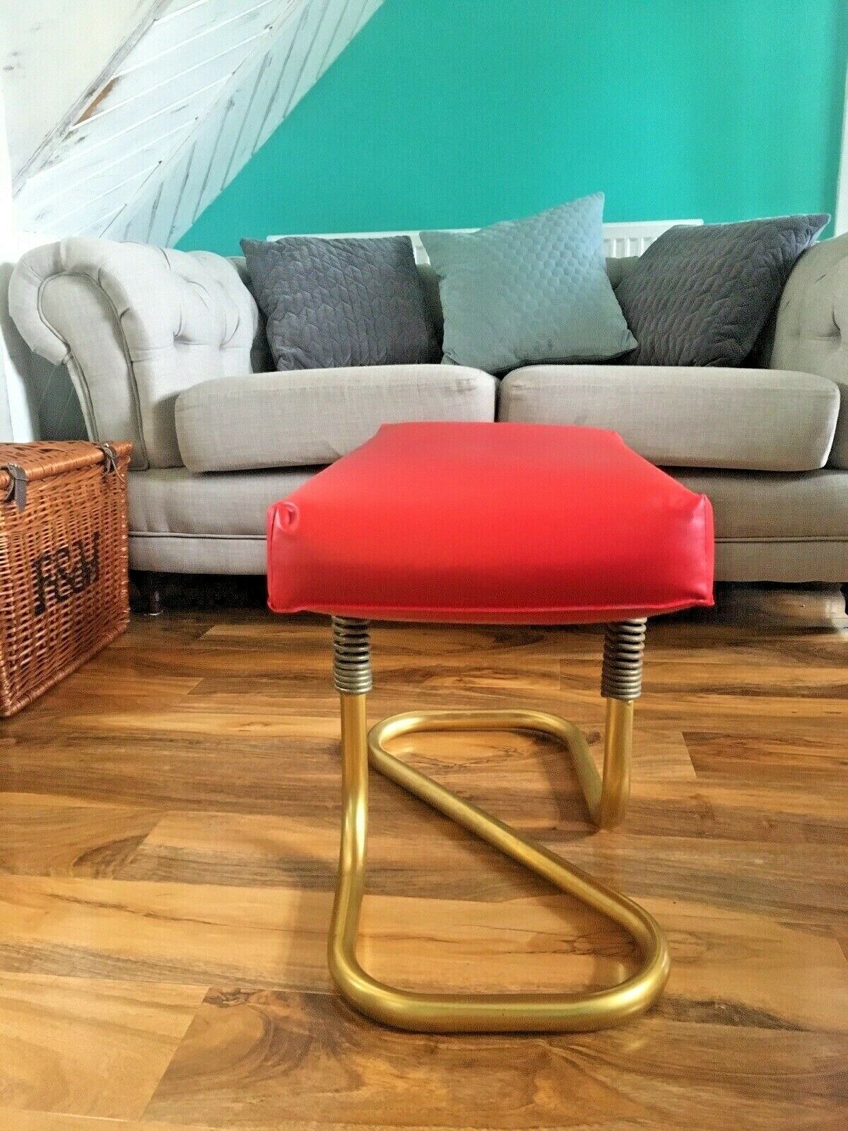 Stylish Mid Century 1960's Automatic Restaleg Red Vinyl Foot Stool Pouffe 70's photo 120.0