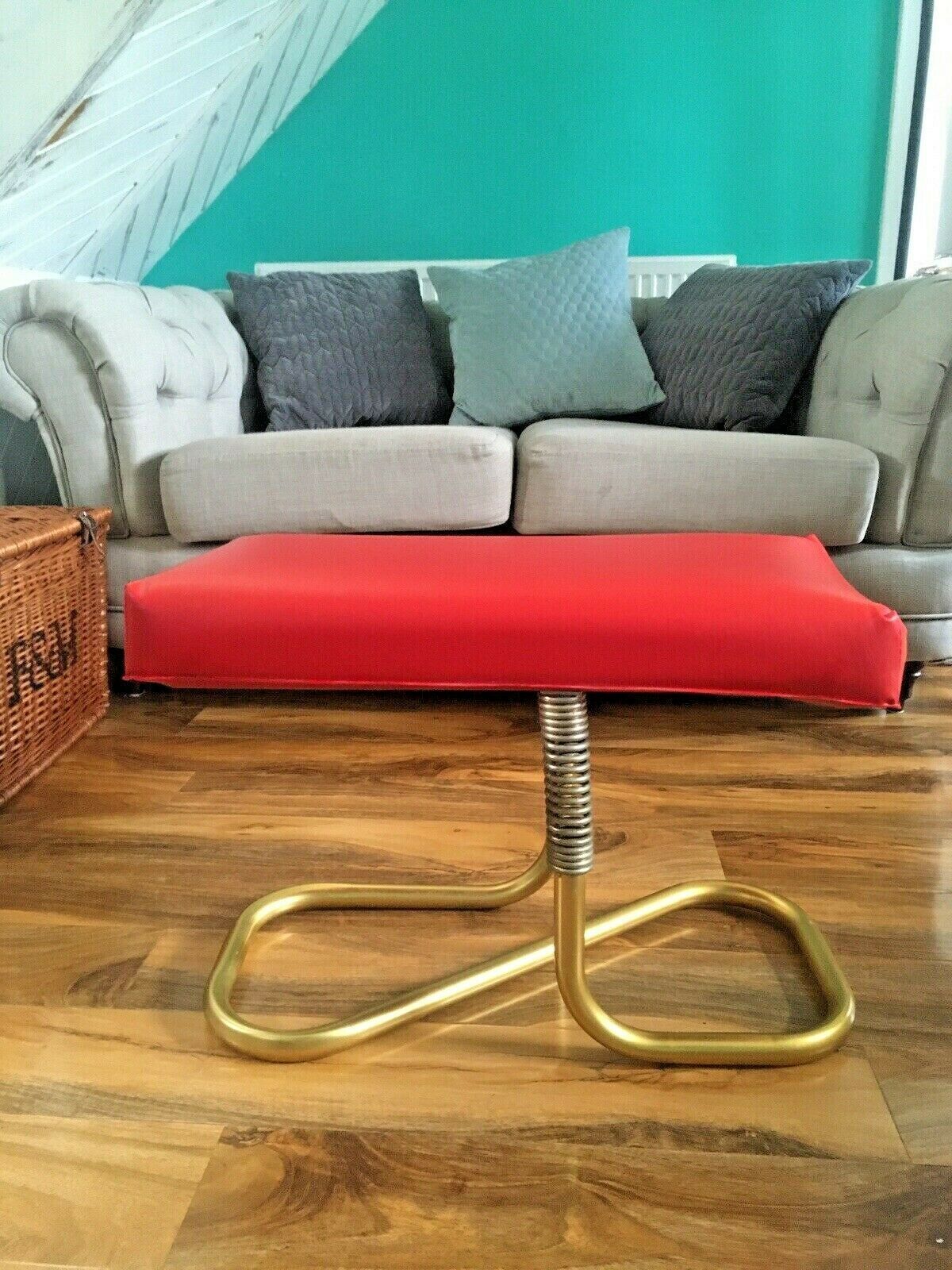 Stylish Mid Century 1960's Automatic Restaleg Red Vinyl Foot Stool Pouffe 70's photo vinterior