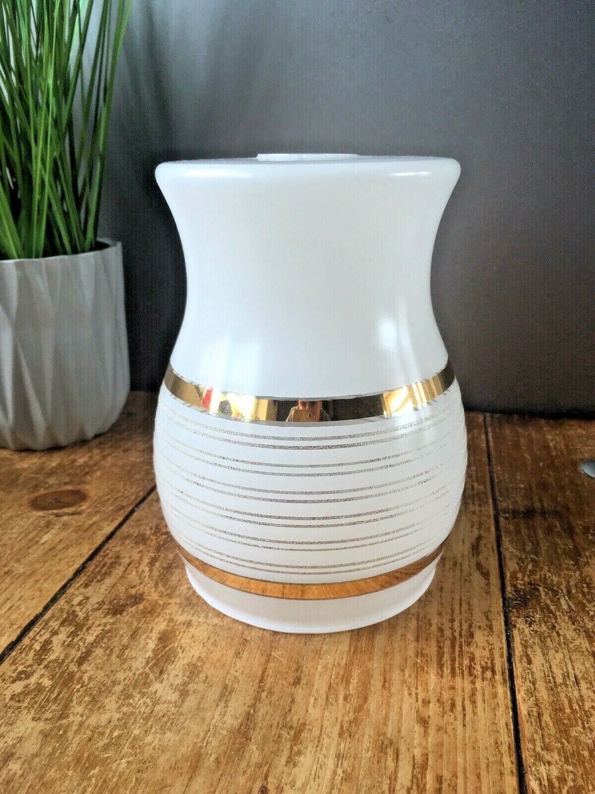Retro 70's White Glass Gold Bands Striped Light Lamp Shade Mid Century Modern photo 50.0