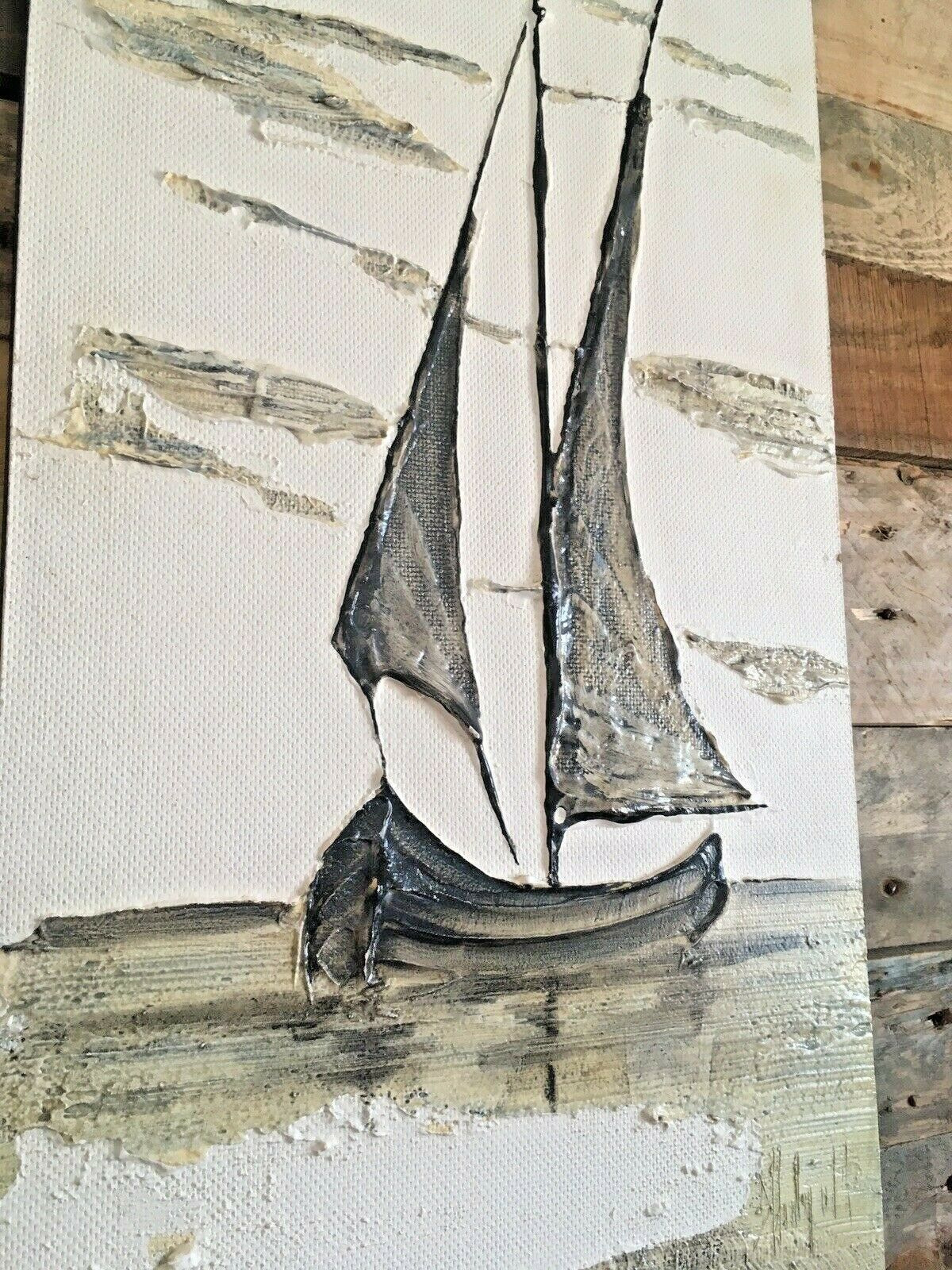 Large Mid Century 60's Sailboat Oil Painting Grey Clouds Seascape Abstract Art photo furniture