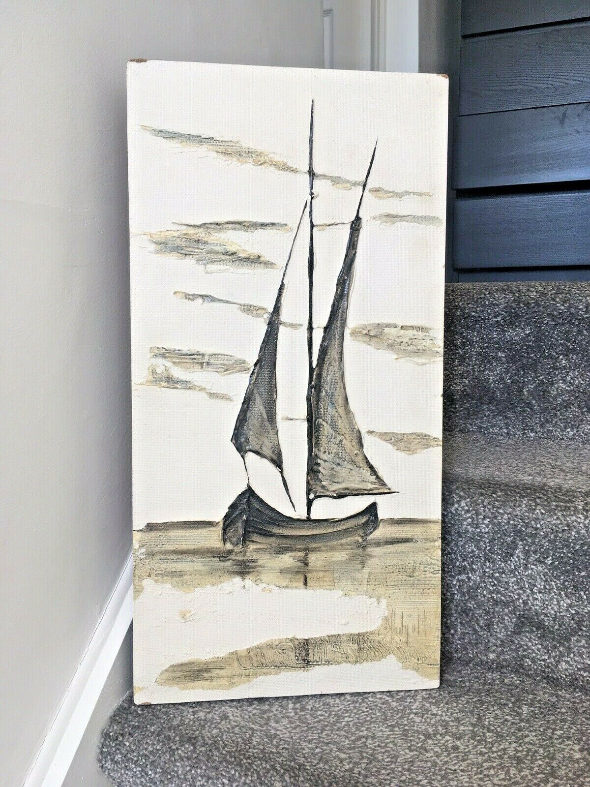 photo furniture Large Mid Century 60's Sailboat Oil Painting Grey Clouds Seascape Abstract Art