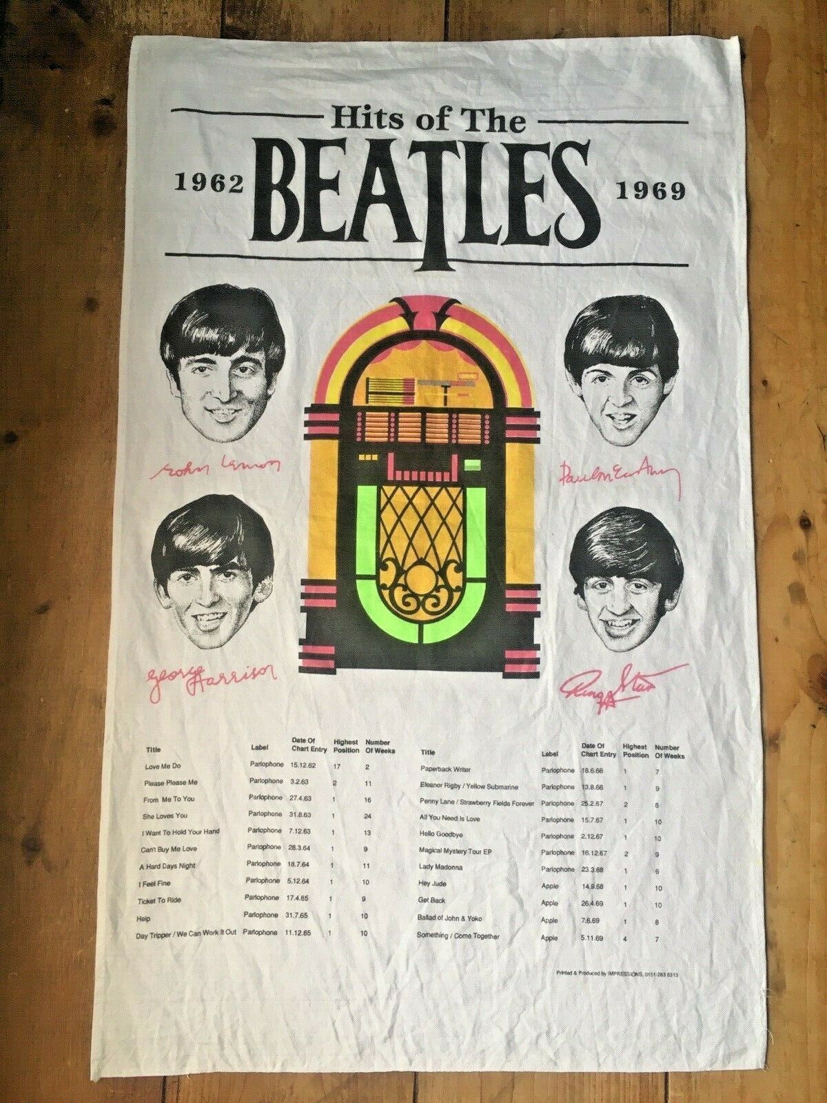 Vintage Collectable Hits Of The Beatles Tea Towel By Impressions Juke Box Poster