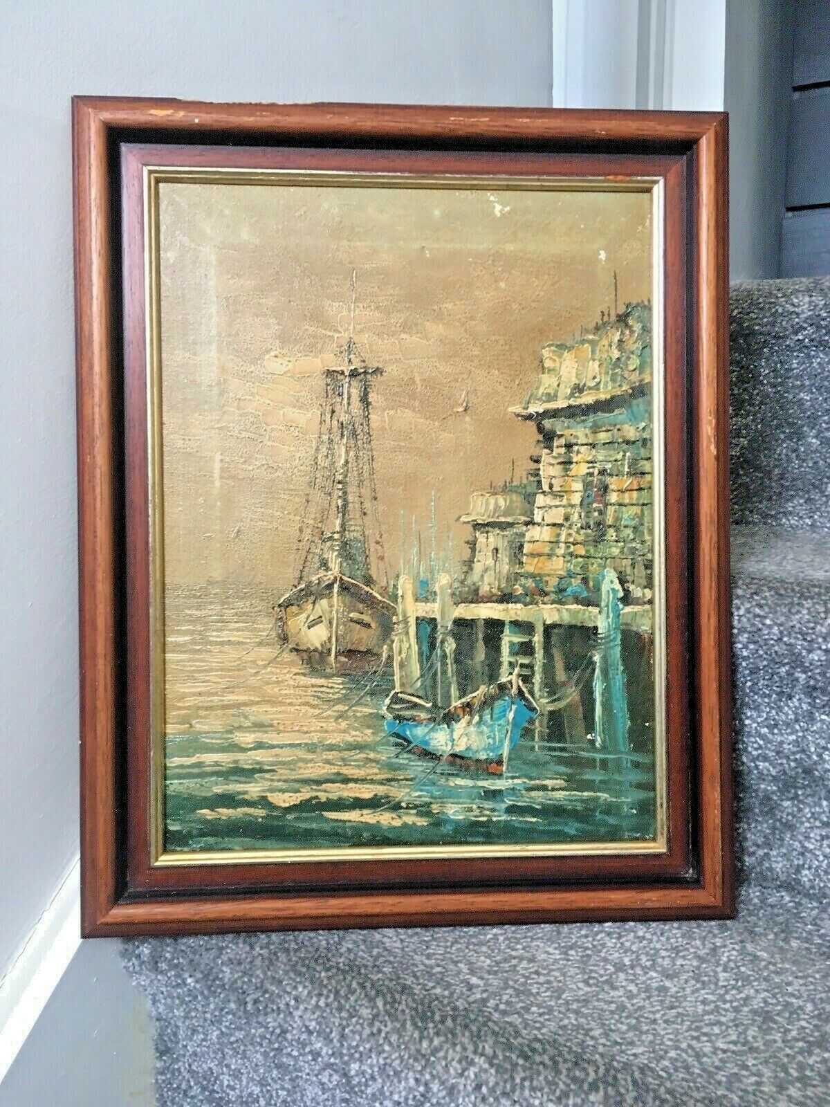 75.0 Large Mid Century 60's Sailboat Oil Painting Harbour Port Seascape Abstract Art photo