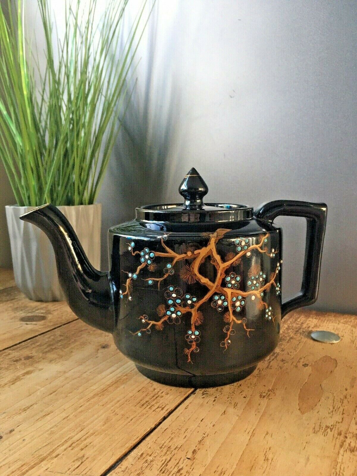 Victorian Gibsons Blue Floral Gold Tree Oriental Indian Teapot Jackfield Jetware