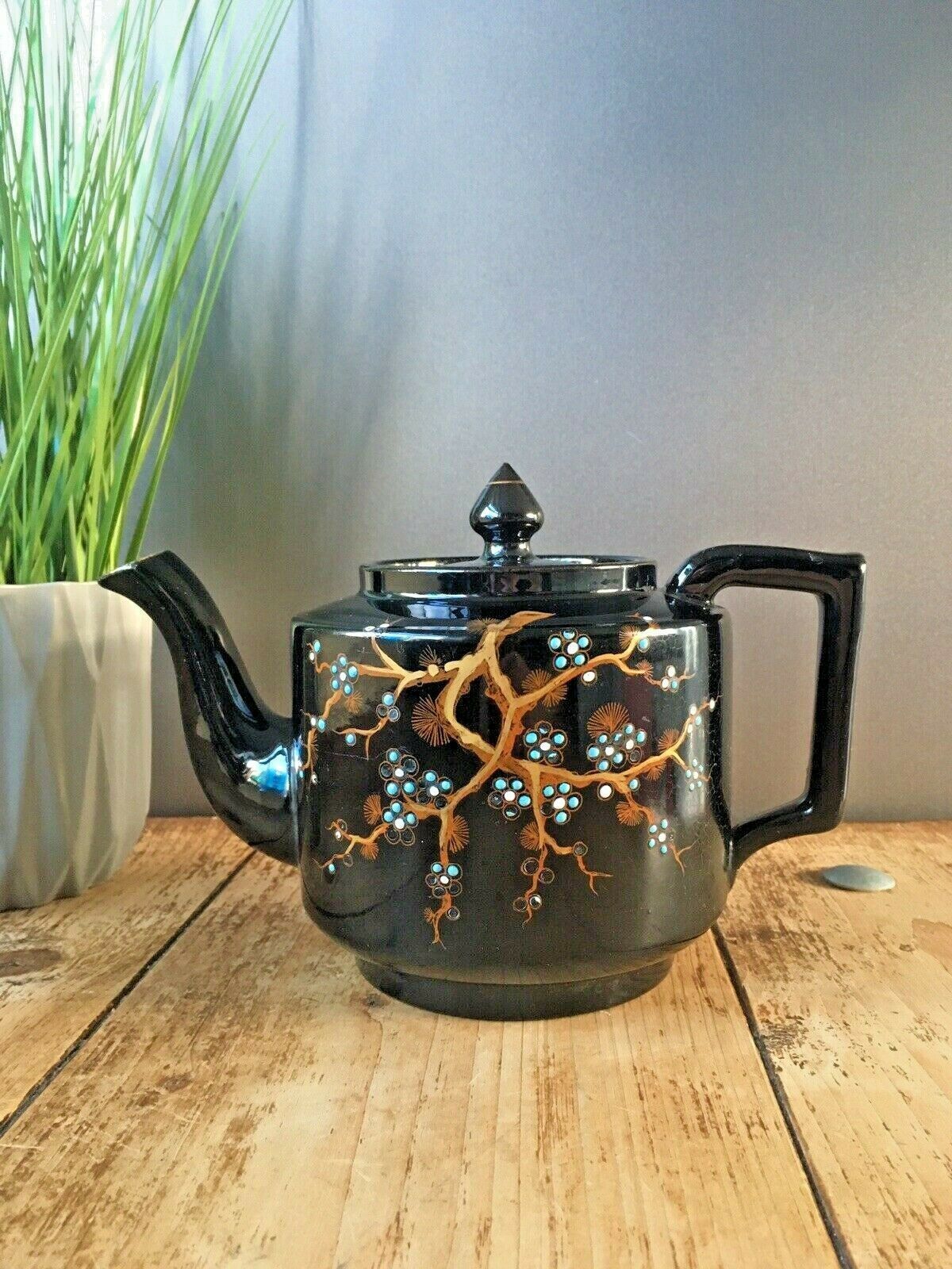 Victorian Gibsons Blue Floral Gold Tree Oriental Indian Teapot Jackfield Jetware photo for sale