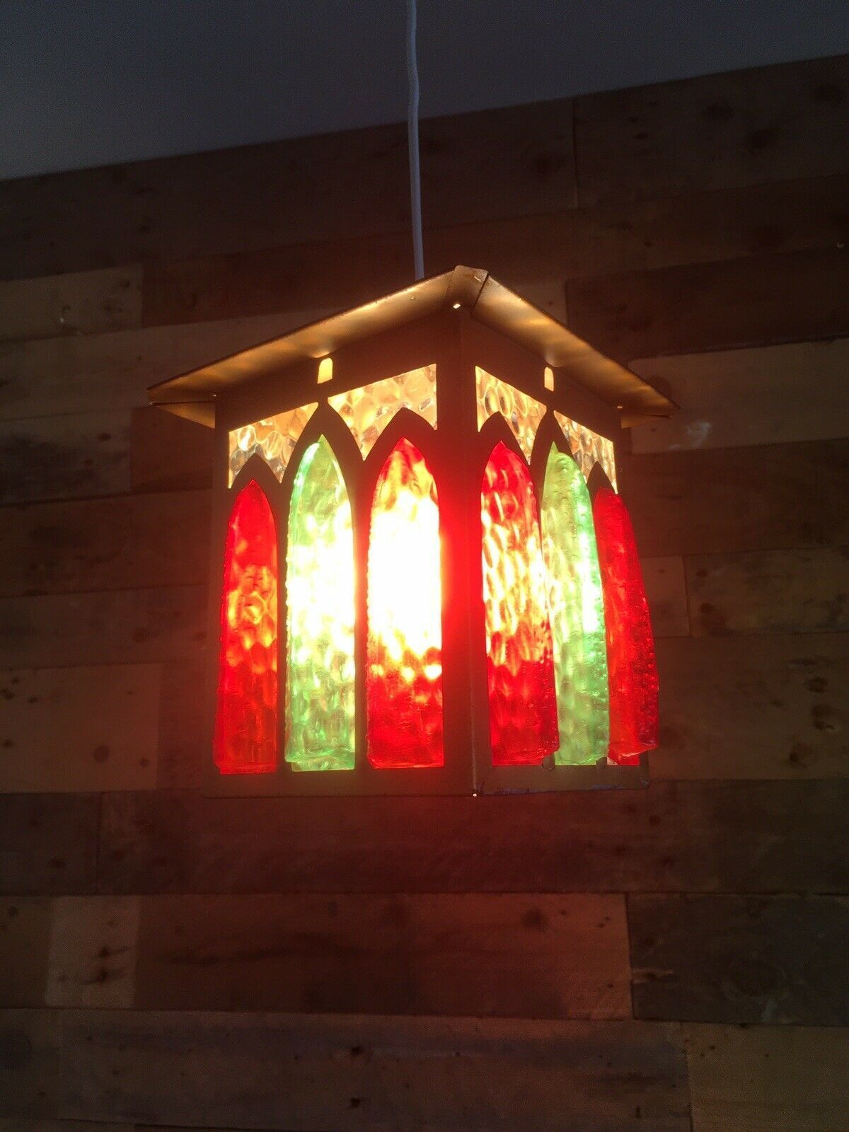 Lighting Superb Mid Century Hanging Lantern Faux Stained Glass Ceiling Light Lamp Shade photo