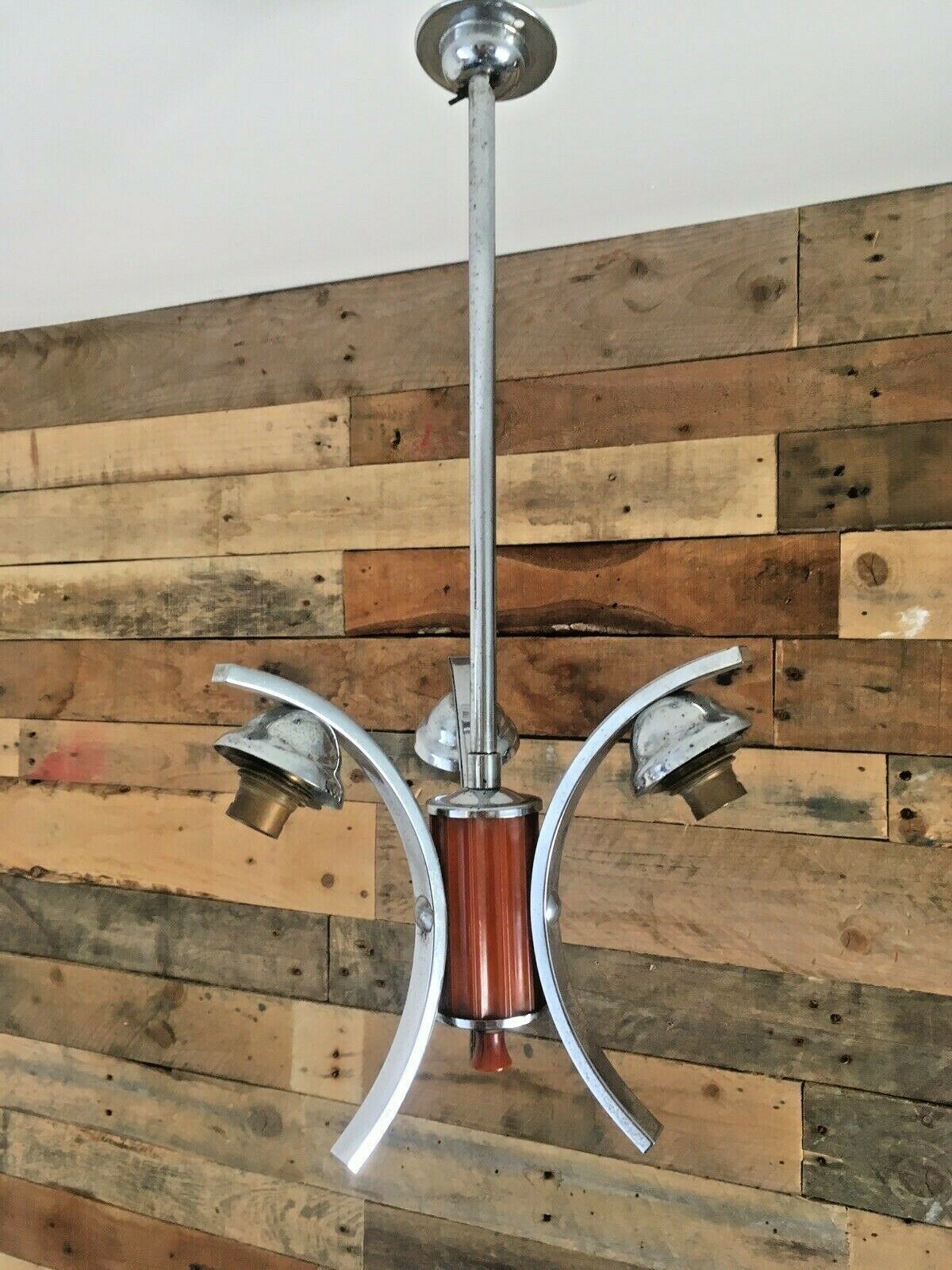 Mid Century Modern 60s Chrome & Lucite 3 Arm Arched Ceiling Light Italian Danish