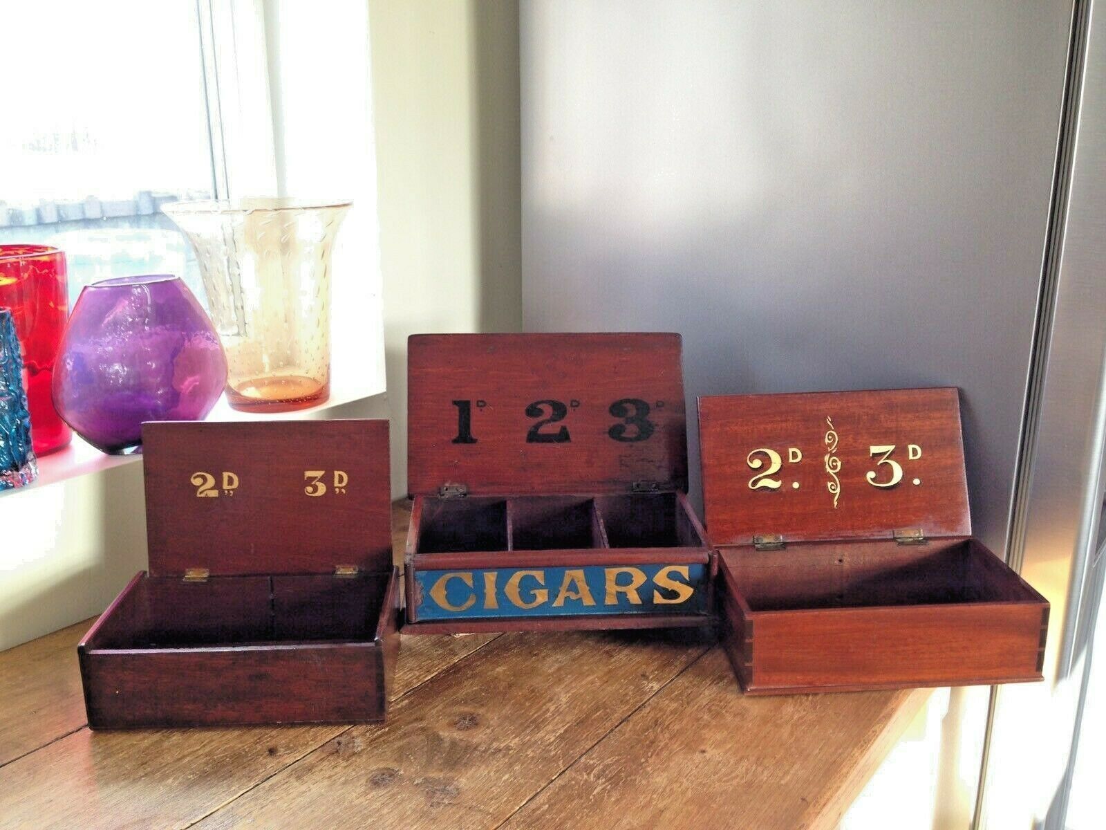 photo for sale Rare Antique Victorian Wooden Cigar Box Gilded 2d 3d Shop Counter Display Waiter