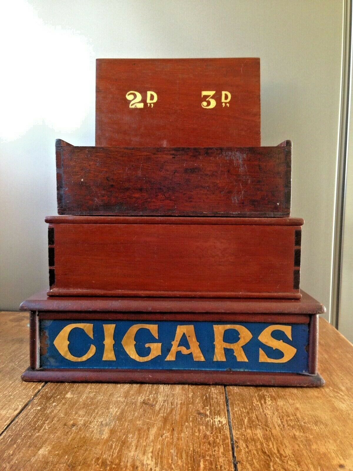 Home Decor Rare Antique Victorian Wooden Cigar Box Gilded 2d 3d Shop Counter Display Waiter photo