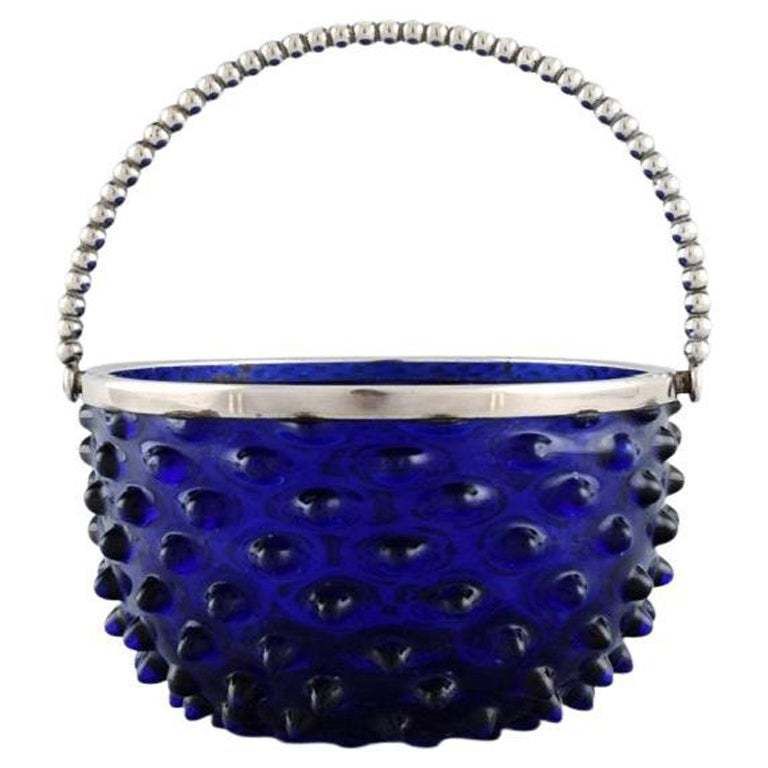 Danish Glass Art, Bonbonniere In Blue Art Glass With Silver Mounting And Handle