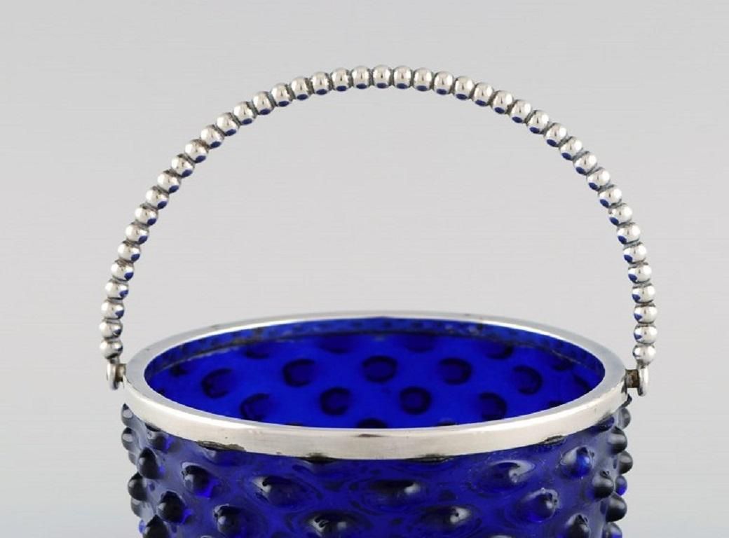 Danish Glass Art, Bonbonniere In Blue Art Glass With Silver Mounting And Handle photo furniture