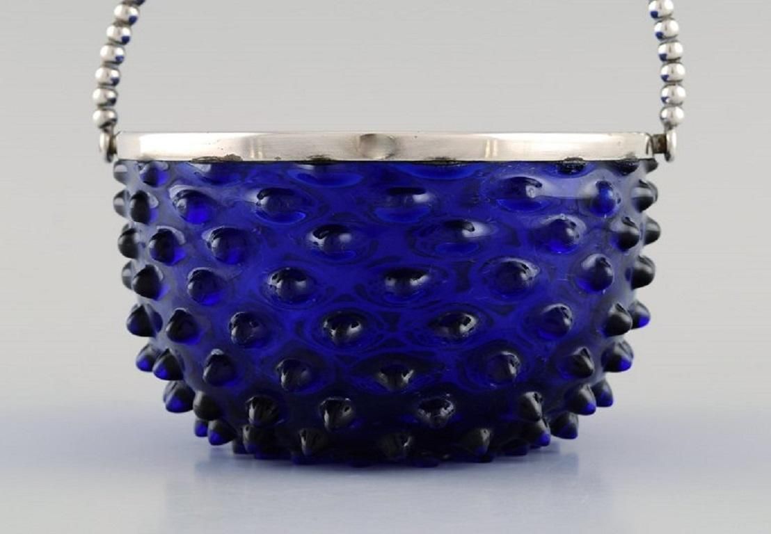 Danish Glass Art, Bonbonniere In Blue Art Glass With Silver Mounting And Handle photo for sale