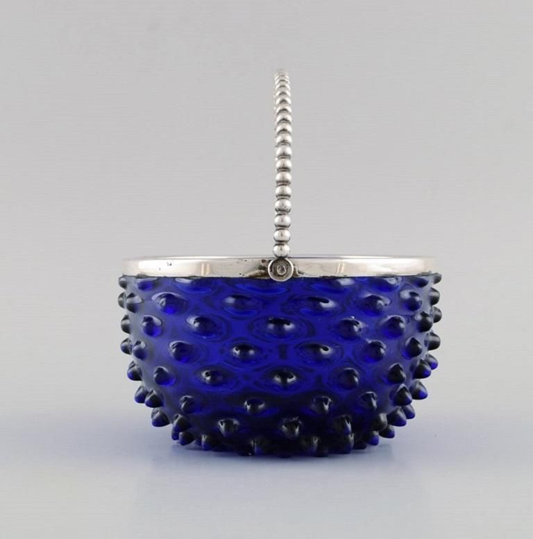 Danish Glass Art, Bonbonniere In Blue Art Glass With Silver Mounting And Handle photo Home Decor