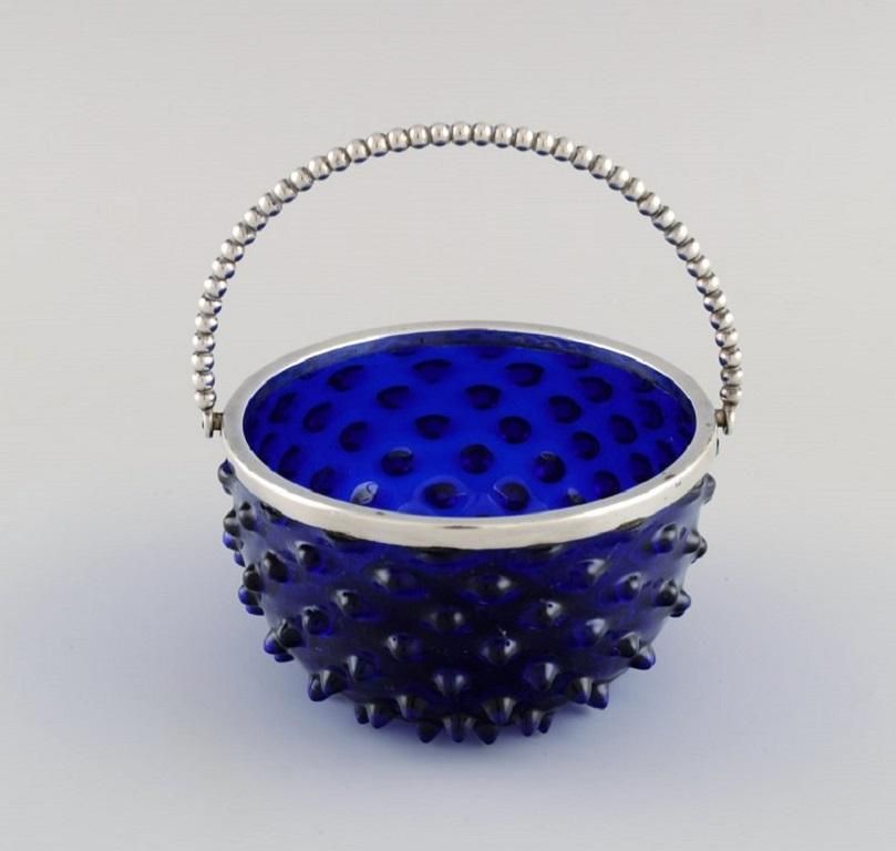 Danish Glass Art, Bonbonniere In Blue Art Glass With Silver Mounting And Handle photo 181.0