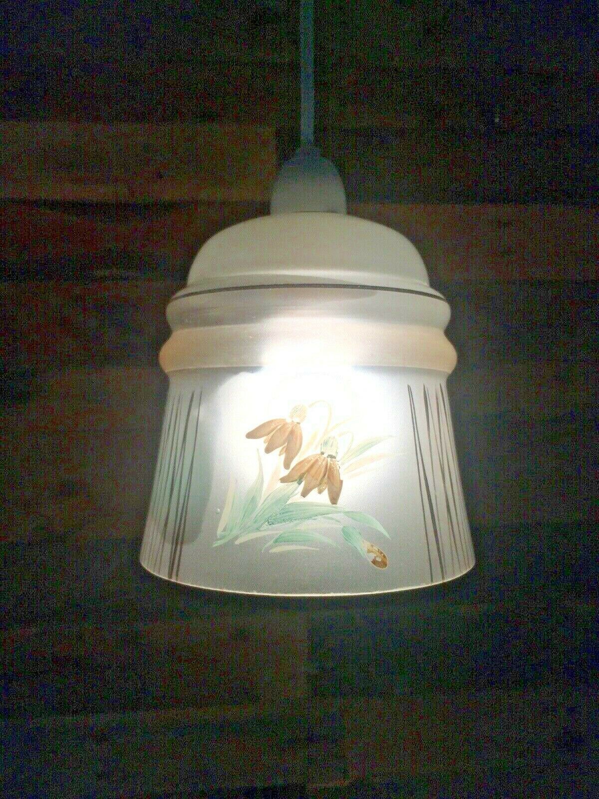 Lovely Vintage Art Deco Floral Painted Gold Gilt Zig Zag Glass Lamp Light Shade