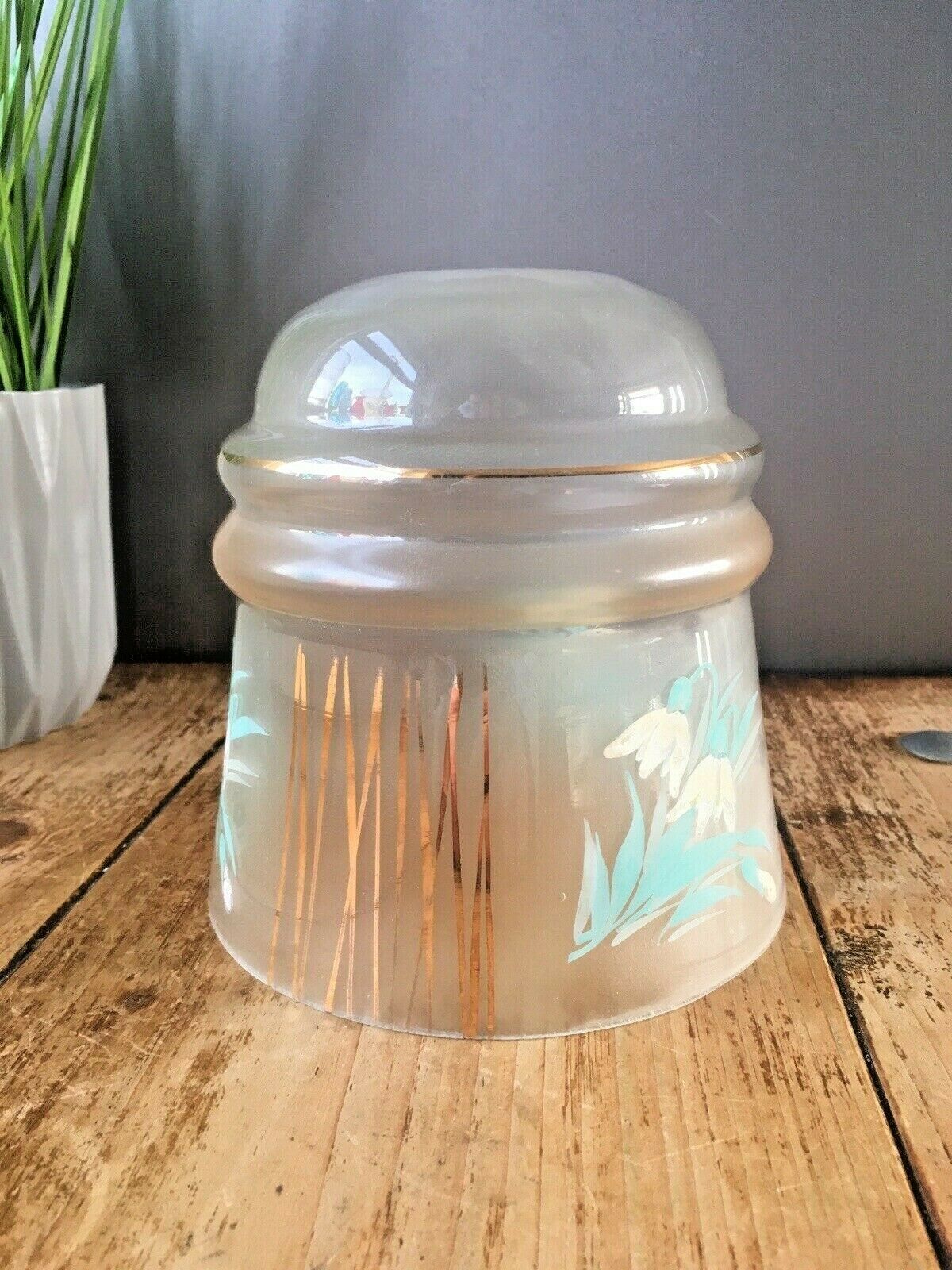 Lovely Vintage Art Deco Floral Painted Gold Gilt Zig Zag Glass Lamp Light Shade photo Lighting