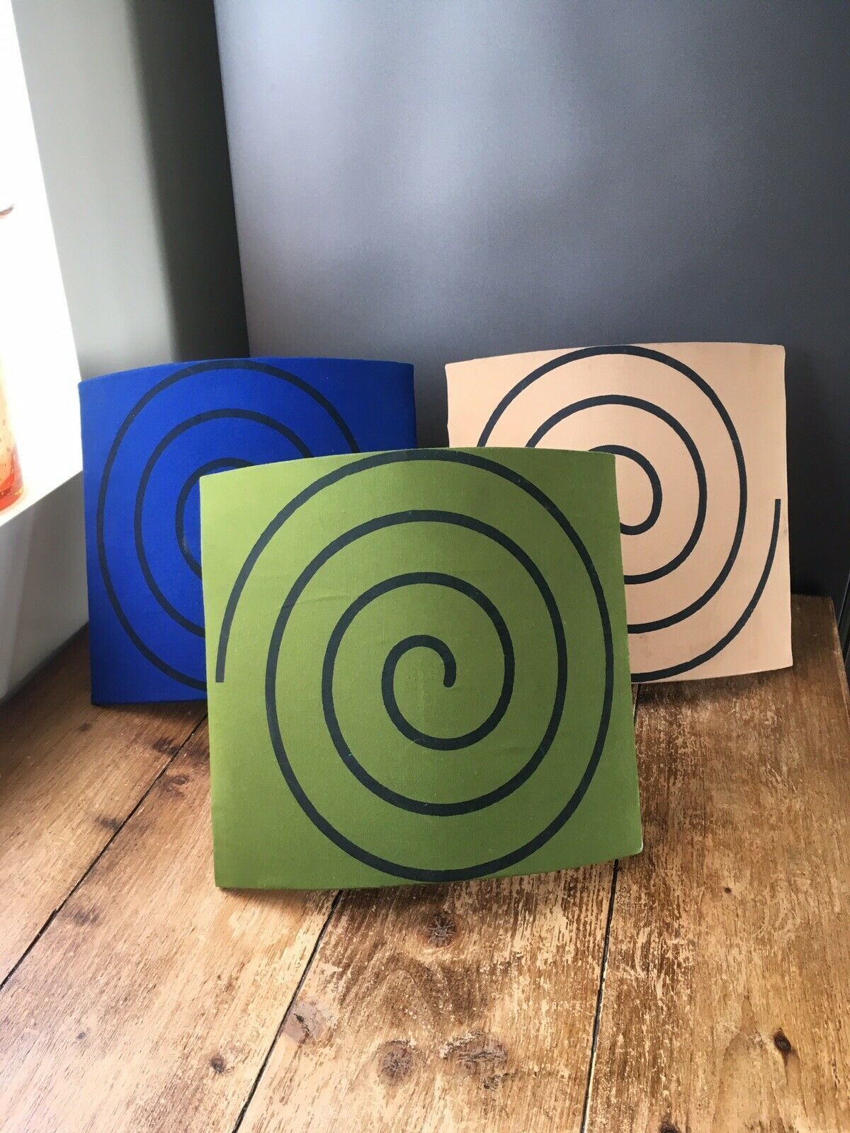 99.0 Super Retro Hypnotic 1960s 70's Fabric Uplighter Shades Blue Green Beige Spirals photo