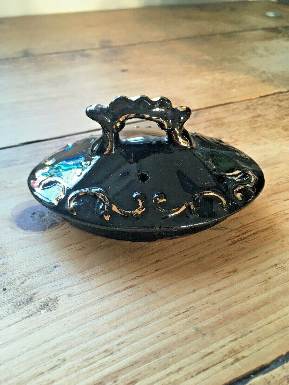 Antique Victorian Jackfield Black Green Rust Gilt Floral Teapot Gibsons Jetware photo buy