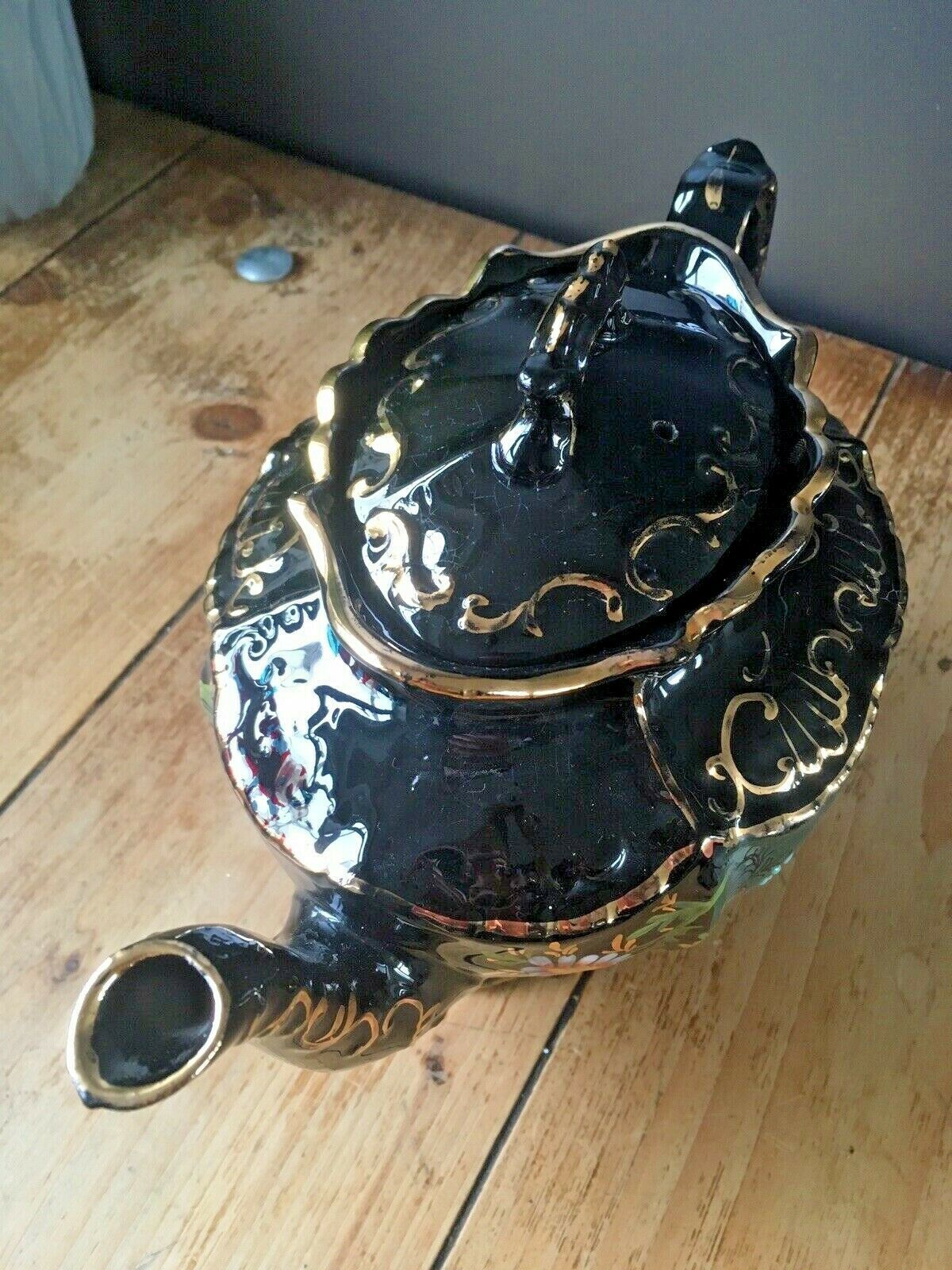 Antique Victorian Jackfield Black Green Rust Gilt Floral Teapot Gibsons Jetware photo vintage