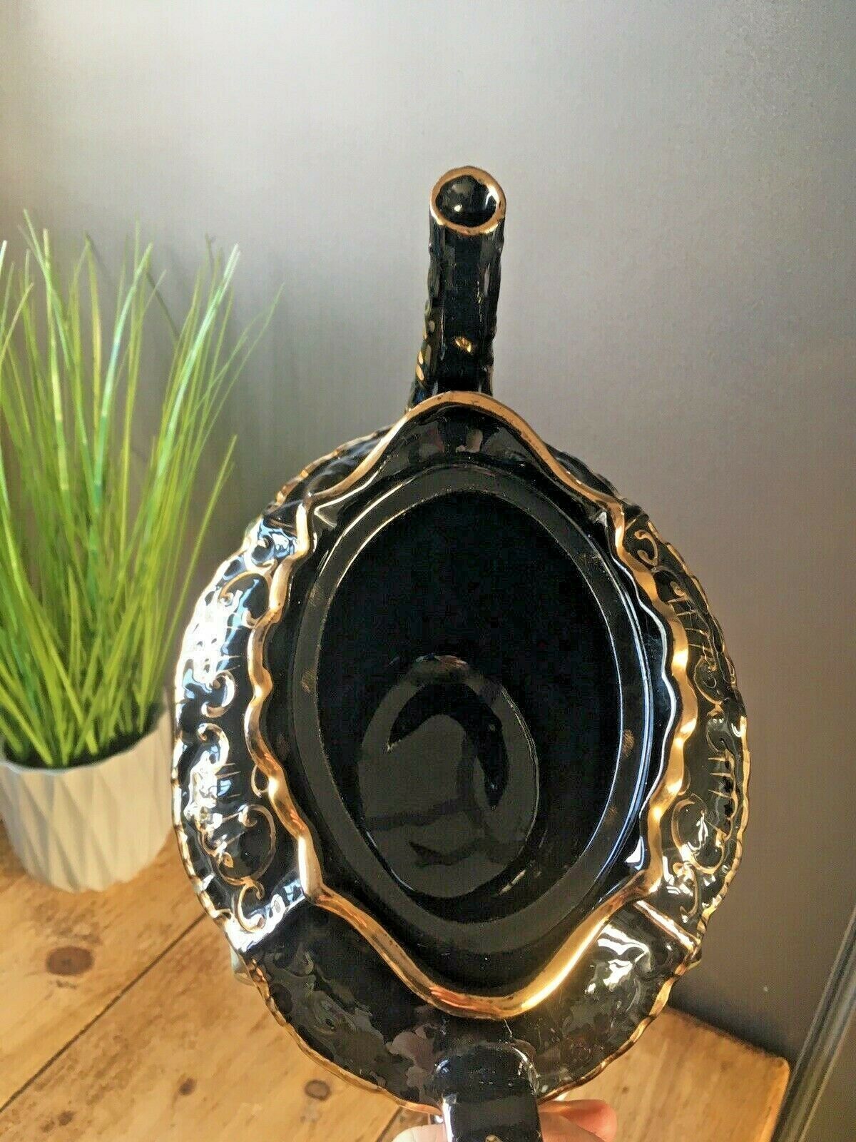 photo for sale Antique Victorian Jackfield Black Green Rust Gilt Floral Teapot Gibsons Jetware