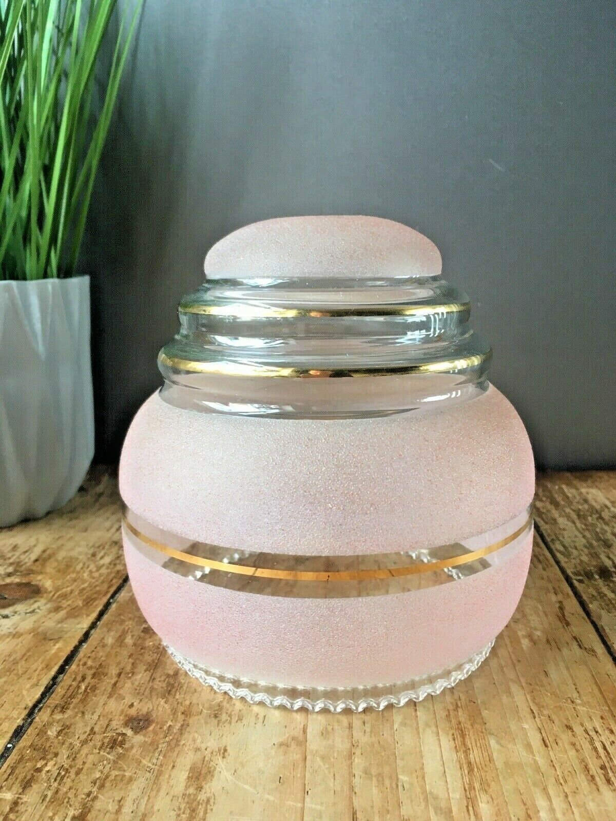 Art Deco Pink Sugar Frosted Beehive Gilded Bands Glass Lamp Light Shade photo Lighting